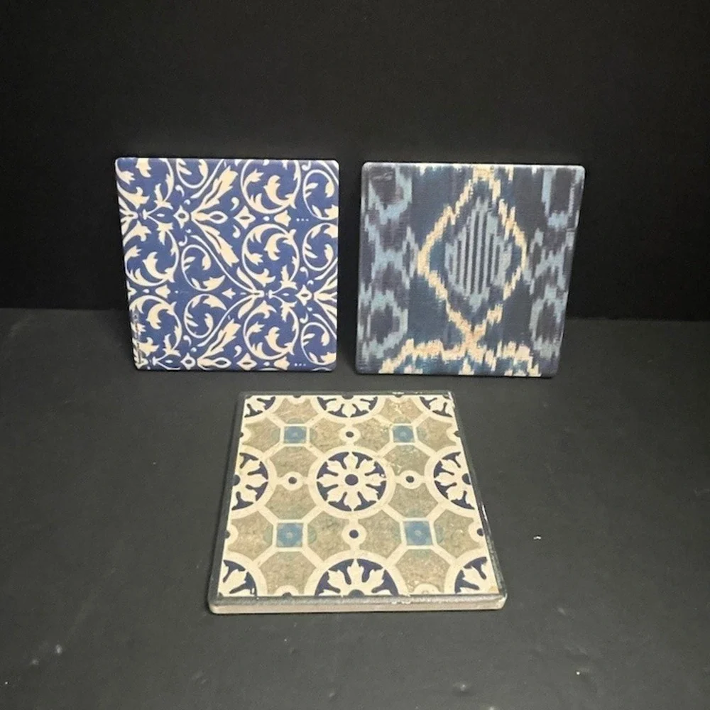 Set‎ of 3 Ceramic Tile Coasters Blue Ikat Damask Mediterranean Cork Back 4x4